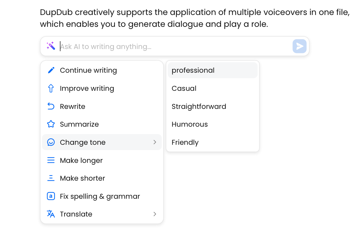 DupDub AI writing application
